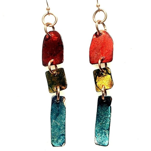 Primitive Brutalist Copper Earrings Boho Gift Chartreuse Festival Handmade - Picture 2 of 10